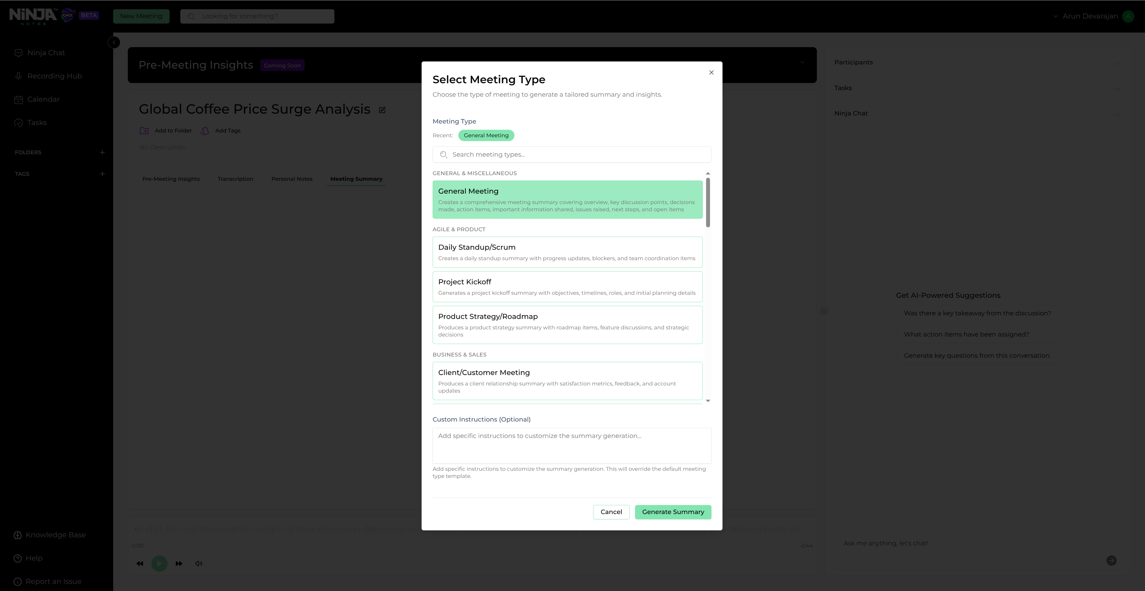 Generate Summary pop-up dialog