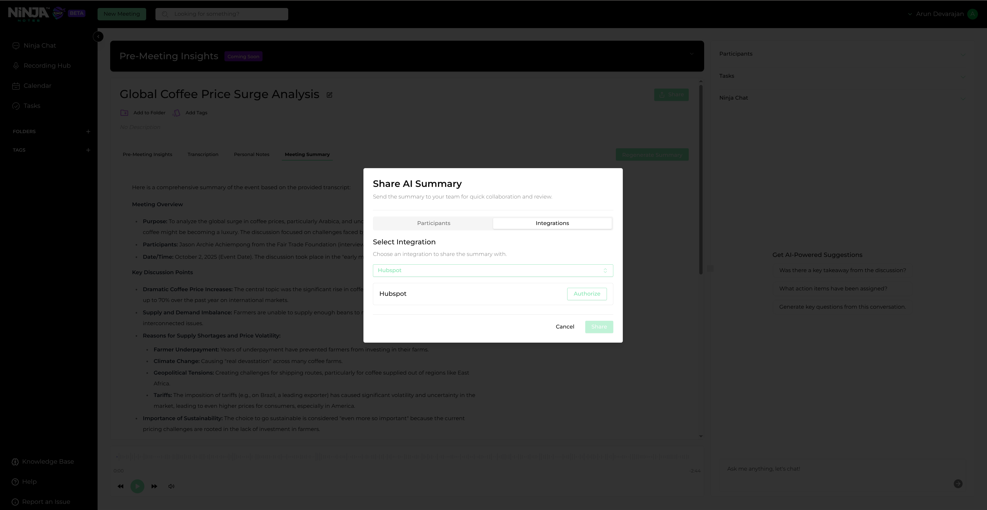 Integrations tab selection