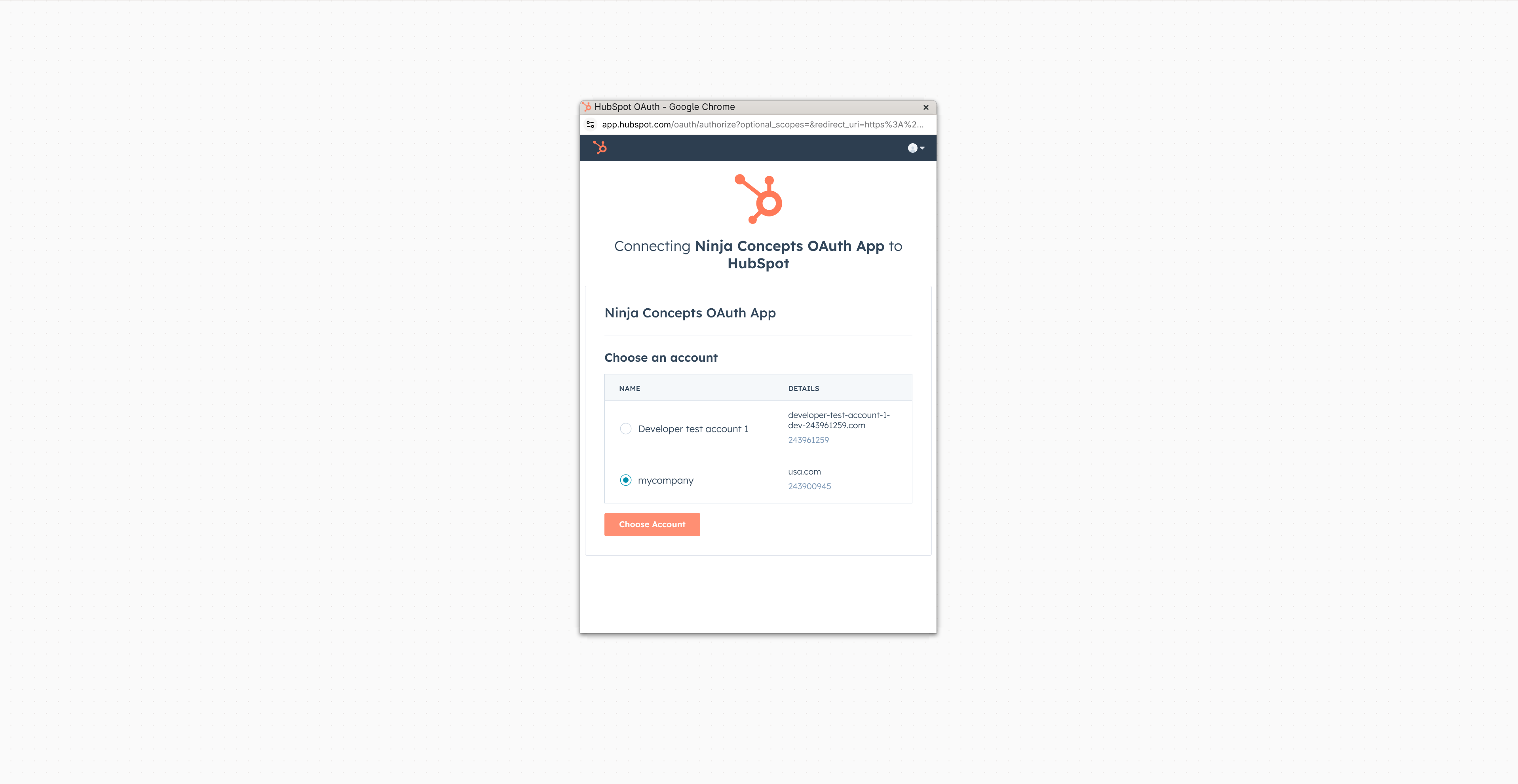Select HubsSot account to authorize