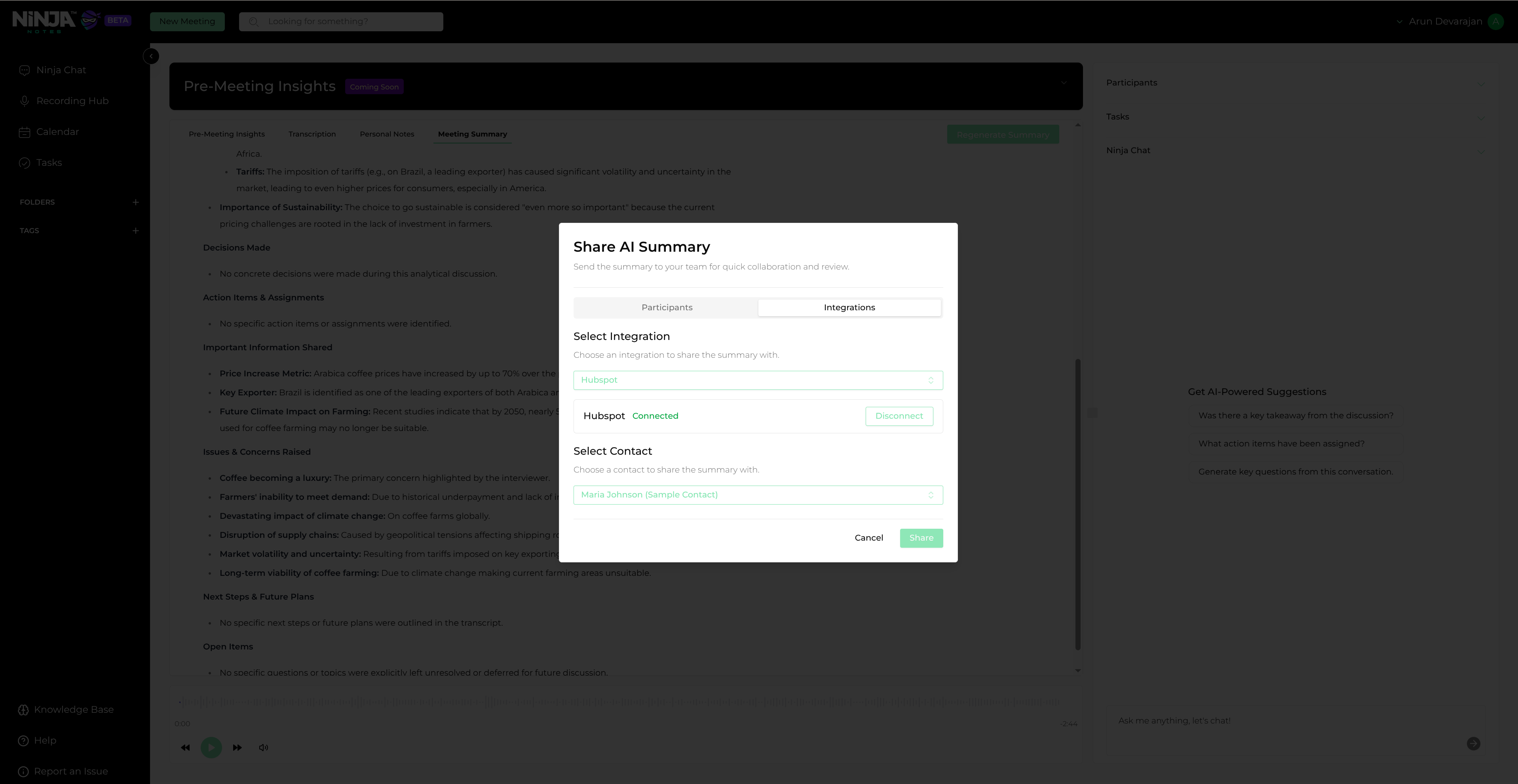 Select contact and share summary