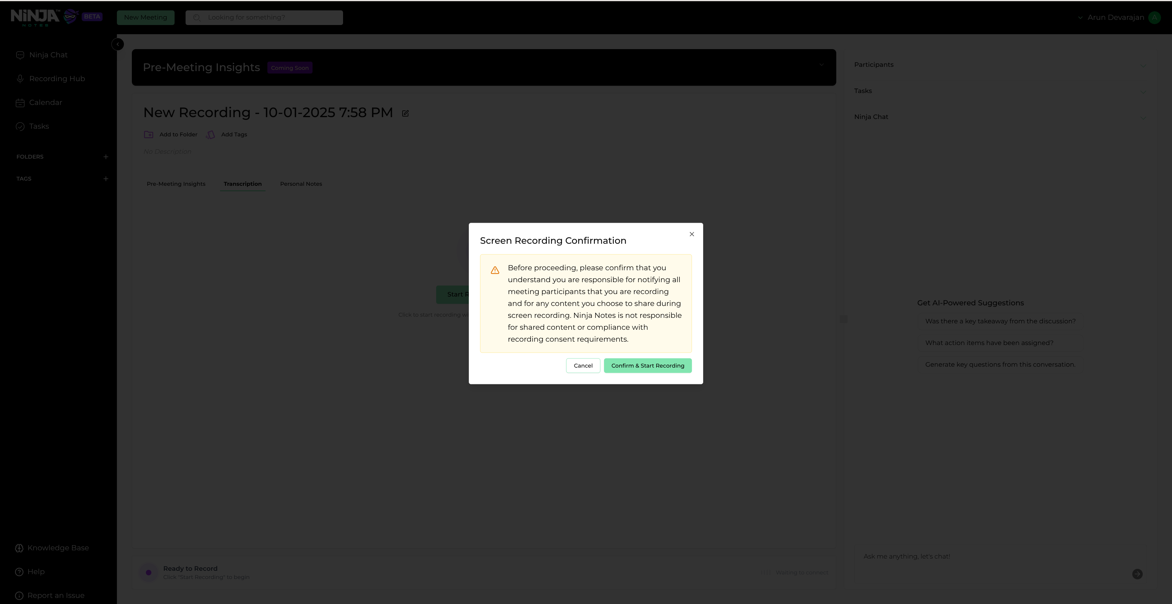 Recording confirmation dialog