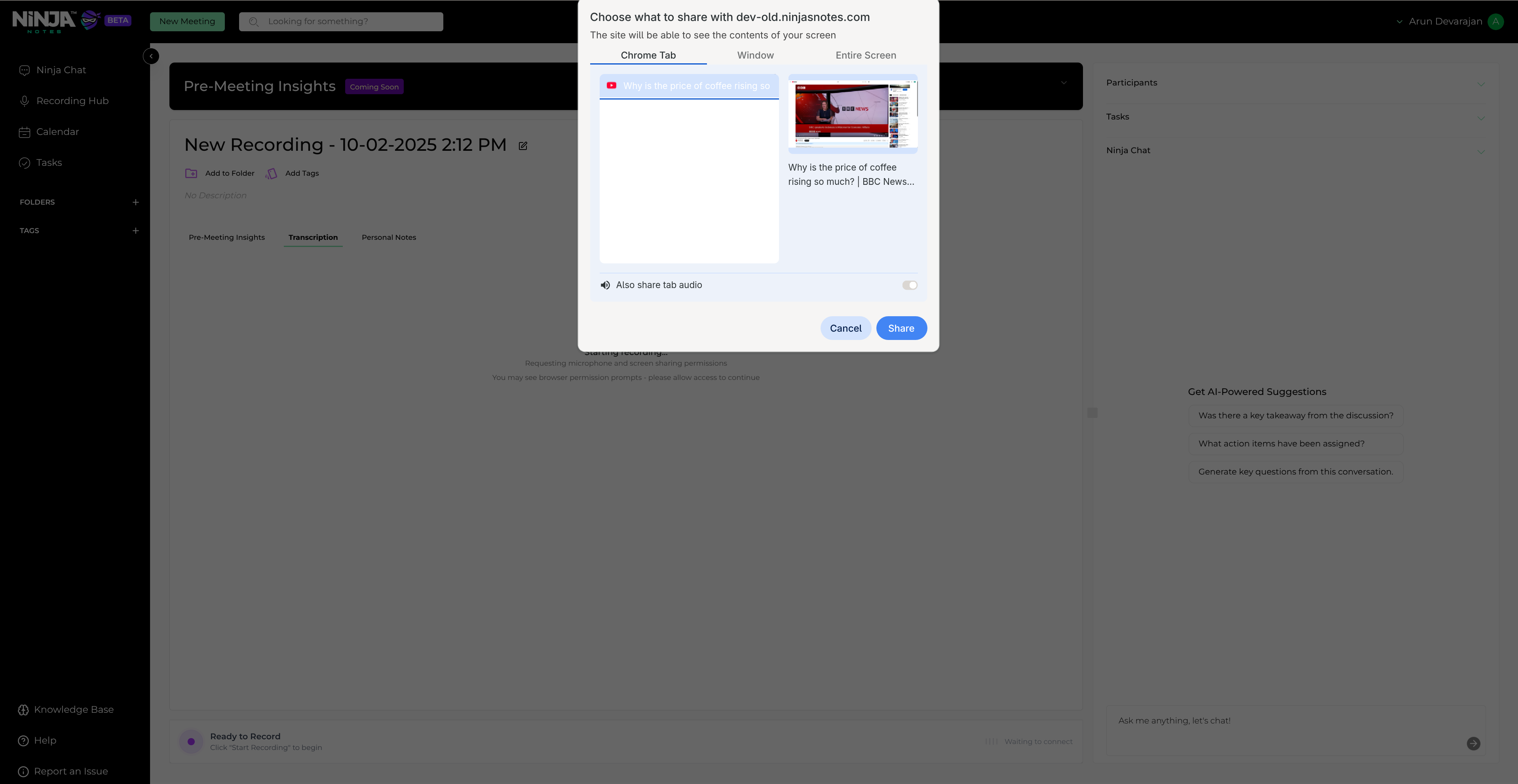 Screen sharing selection dialog